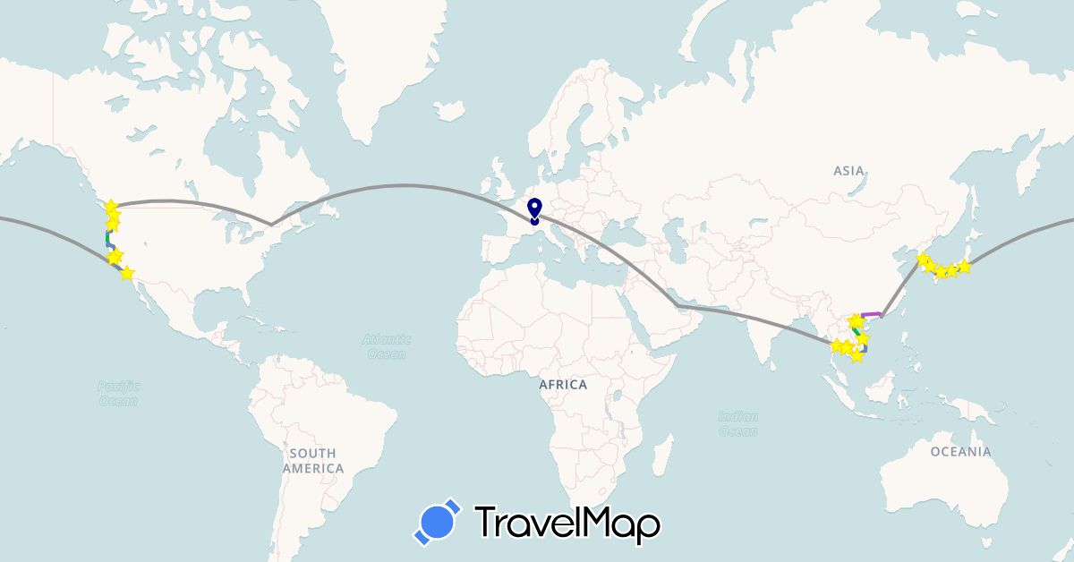 TravelMap itinerary: driving, bus, plane, cycling, train, boat in Canada, Switzerland, China, Hong Kong, Japan, Cambodia, South Korea, Qatar, Thailand, United States, Vietnam (Asia, Europe, North America)